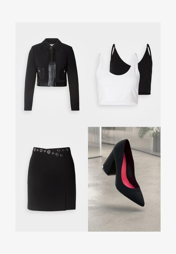 Morgan VARIN - Giacca leggera - noir; Due top in cotone, uno bianco e uno nero. Ognuno ha un profondo scollo e spalline sottili, con una texture liscia e morbida.; Morgan JILLY - Gonna a portafoglio - noir; Scarpa con tacco alto nera, con punta affusolata, superficie testurizzata e un vivace interno rosa. Presenta un tacco spesso con un accento argentato.