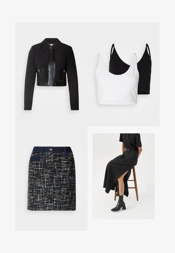 Morgan VARIN - Tunn jacka - noir; Två bomullstopp i vitt och svart. Varje topp har en djup krage och tunna axelband, med en slät och mjuk textur.; Vävd kjol i svart med blå och vita prickar. Har en mörk midja, framfickor och rak skärning. Strukturerat tyg.; Svart lin maxi kjol med hög slits, bärs med en svart t-shirt och svarta ankelstövlar. Minimalistisk design med en lös passform.