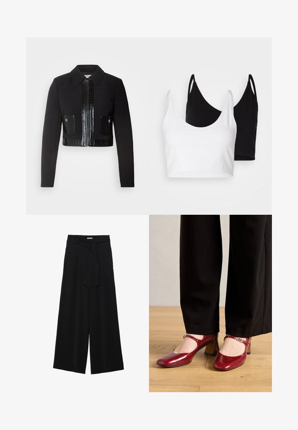 Morgan VARIN - Lehká bunda - noir; Dvě bavlněné crop topy v bílé a černé barvě. Každý má hluboký výstřih a tenké ramínka, s hladkou, měkkou texturou.; Černé kalhoty s širokými nohavicemi, vyrobené z texturované tkaniny, s elastickým pasem a odnímatelným páskem na úpravu velikosti.; Červené lakované mary jane lodičky se čtveratou špičkou, páskem přes nárt a nízkým blokovým podpatkem. Nosit s černými kalhotami.