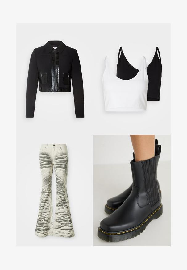 Morgan VARIN - Suvejakk - noir; Kaks puuvillast crop topi, valge ja must. Igal on sügav kaelus ja õhukesed õlapaelad, ning need on valmistatud siledast, pehmest materjalist.; Heledad heledad teksuuriga mustade horisontaalsuurte triipudega heledad flared teksad, millel on ees taskud ja metallnööbiga sulg.; Mustad must saad motifselt, mati viimistlusega. Omab vertikaalset õmblust, paksu tallaga, millel on kollased õmblused, ja tagumises osas tõmbeaas.