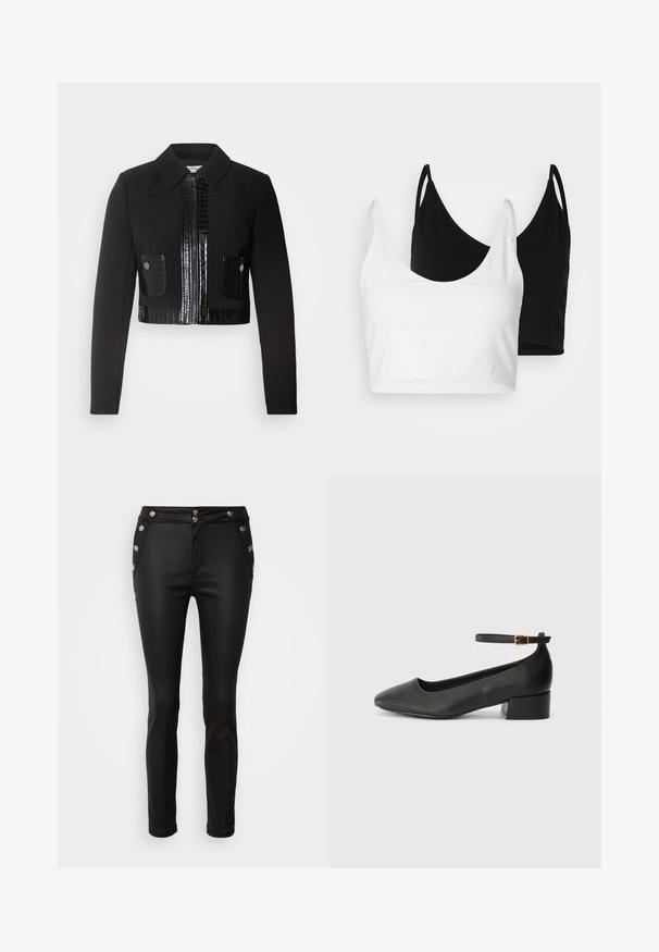 Morgan VARIN - Chaqueta fina - noir; Dos tops de algodón en blanco y negro. Cada uno tiene un escote profundo y tirantes delgados, con una textura suave y lisa.; Morgan PARTY - Pantalones - noir; Zapato de tacón negro de cuero con punta afilada y tacón bajo cuadrado. Presenta una correa para el tobillo con una hebilla en tono dorado. Textura suave.