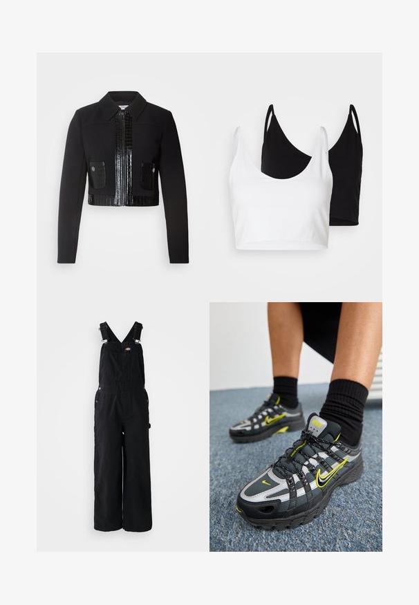 Morgan VARIN - Summer jacket - noir; Two cotton crop tops in white and black. Each has a deep neckline and thin shoulder straps, featuring a smooth, soft texture.; Black denim overalls with wide legs, adjustable shoulder straps, front pocket, and silver hardware accents. Smooth texture, minimal design.; Black and gray athletic shoes with reflective silver accents, textured mesh panels, and bright yellow detailing. Lace-up design with structured sole.