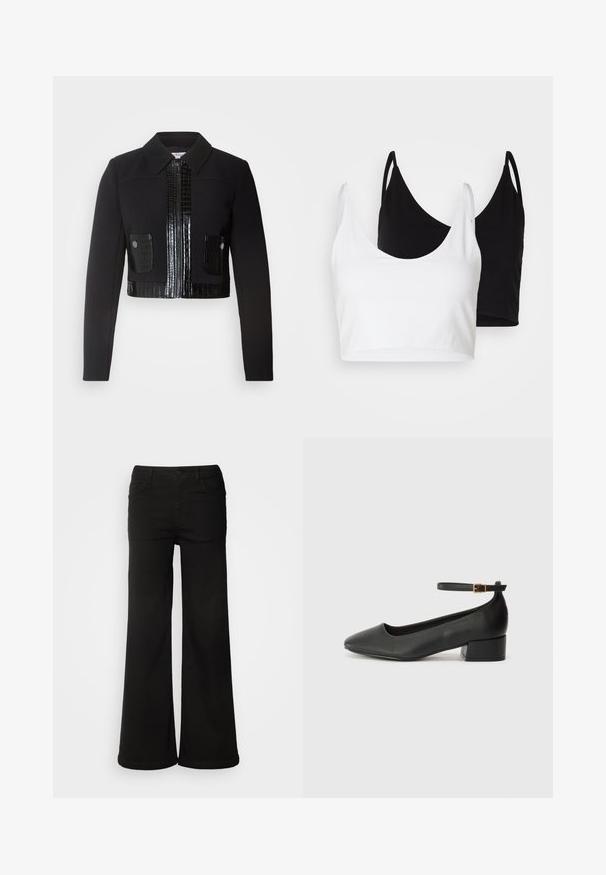 Morgan VARIN - Poletna jakna - noir; Dva bombažna crop topa v beli in črni barvi. Vsak ima globok izrez in tanke naramnice, ter se ponaša z gladko, mehko teksturo.; Črne široke denim hlače, ki imajo sprednje žepe, zapiranje na gumb in gladko teksturo z urejenim zaključkom.; Črne usnjene pumpice z nazobčanimi prsti in nizko blokasto peto. Imajo trak okoli gležnja z zaponko v zlatem tonu. Gladka tekstura.