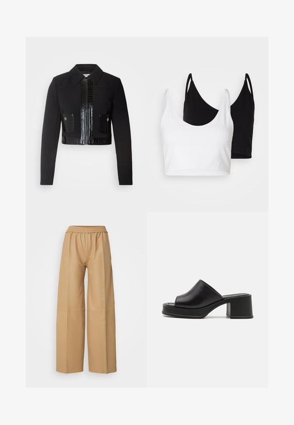 Morgan VARIN - Lehká bunda - noir; Dvě bavlněné crop topy v bílé a černé barvě. Každý má hluboký výstřih a tenké ramínka, s hladkou, měkkou texturou.; Bežové široké kalhoty z umělé kůže s elastickým pasem a vertikálním švem, s hladkým matným povrchem.; Černé kožené platformové muly s kulatou otevřenou špičkou, nízkým blokovým podpatkem a hladkým povrchem. Minimalistický design s elegantními liniemi.