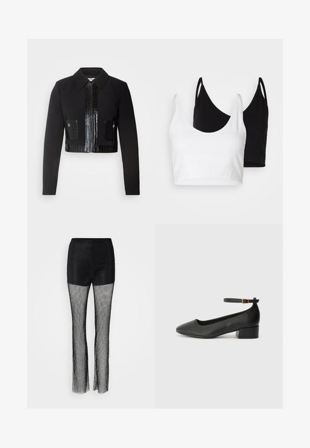 Morgan VARIN - Kevyt takki - noir; Kaksi puuvillapaitaa valkoisena ja mustana. Kummassakin on syvä kaula-aukko ja ohuet olkaimet, ja ne ovat sileitä sekä pehmeitä.; Mustan verkkokankaan housut, joissa on kiinteä yläosa, leveä lahjamuotoilu ja teksturoitu verkkokangas koko ajan.; Mustat nahkakengät, joissa on terävä kärki ja matala lohkare korko. Varustettu nilkkahihnalla, jossa on kultasävyinen solki. Lisää sileä pinta.