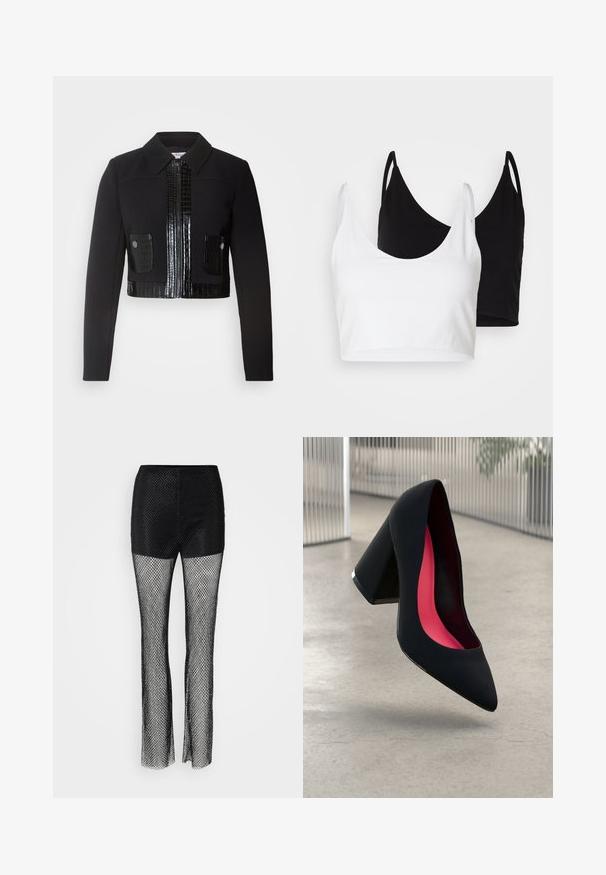 Morgan VARIN - Skraistė - noir; Du dujų medvilnės marškinėliai balti ir juodi. Kiekvienas turi giliai iškirptą iškirptę ir plonas petnešas, pasižyminčius lygiu, švelniu tekstūru.; Juodos tinklinės kelnės su tvirtu viršutiniu skyriumi, pasižyminčios plačia kojų linija ir tekstūruotu tinklo audiniu visame ilgume.; Juodas aukštakulnis batai su smailiu pirštu, su tekstūruota paviršiumi ir ryškiai rožiniu vidumi. Su tiek dideliu kulnu, tiek sidabriniu akcentu.
