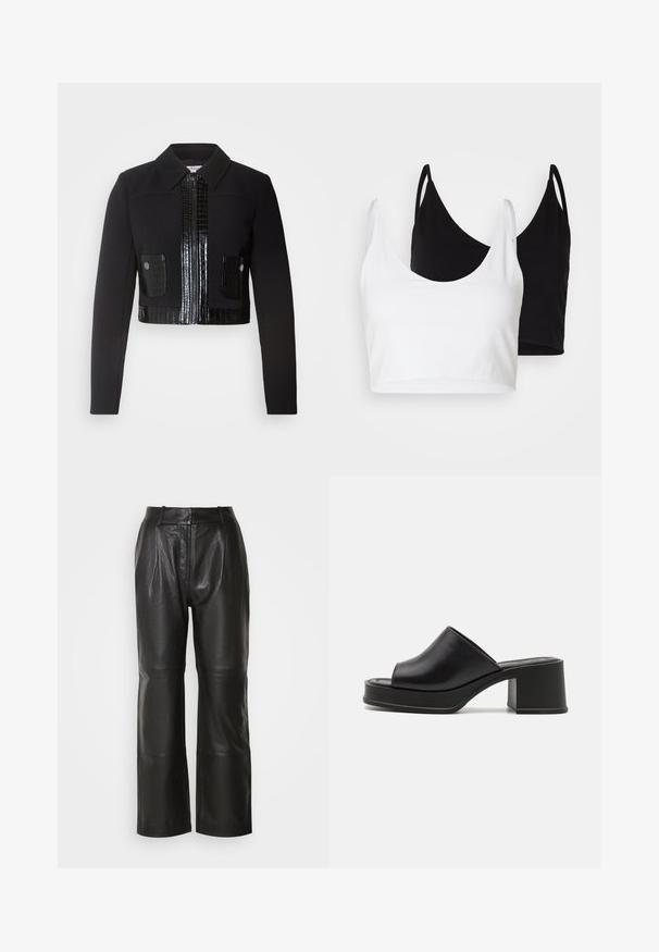 Morgan VARIN - Poletna jakna - noir; Dva bombažna crop topa v beli in črni barvi. Vsak ima globok izrez in tanke naramnice, ter se ponaša z gladko, mehko teksturo.; Črne široke usnjene hlače z gladko teksturo, s visokim pasom, sprednjimi naborki in vidnimi šivi. Brez žepov ali okrasnih elementov.; Črne usnjene platforme mule z zaobljenim odprtim prstom, nizkim blokastim petkom in gladko teksturo. Minimalističen dizajn s čistimi linijami.