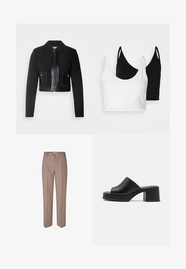 Morgan VARIN - Leichte Jacke - noir; Zwei Baumwoll-Crop-Tops in Weiß und Schwarz. Jedes hat einen tiefen Ausschnitt und dünne Träger und verfügt über eine glatte, weiche Textur.; Beige maßgeschneiderte Hose mit geradem Bein, ausgestattet mit einem Knopfverschluss und einer gefältelten Vorderseite. Glatte Textur und glänzendes Finish.; Schwarze Leder Plattform-Mules mit abgerundeter offener Zehe, niedrigem Blockabsatz und glatter Textur. Minimalistisches Design mit eleganten Linien.