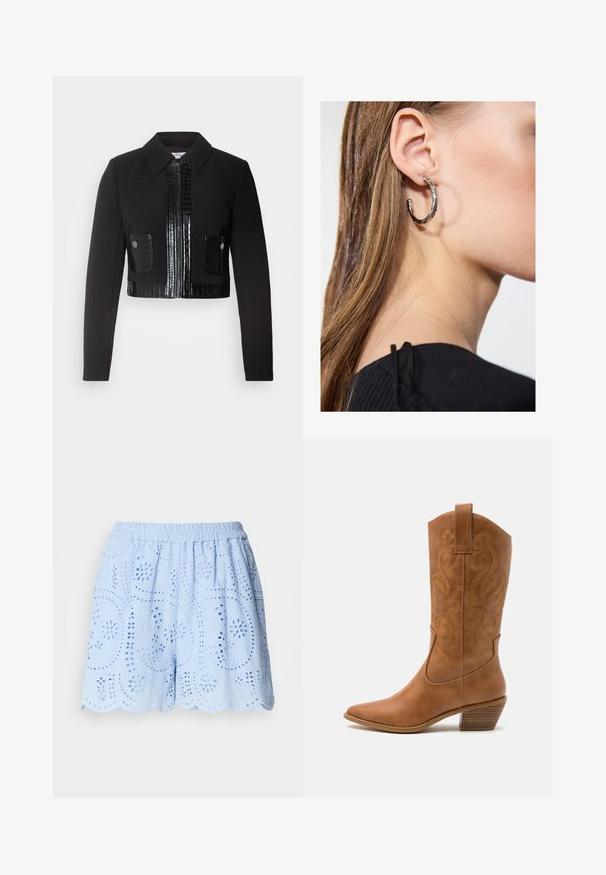 Morgan VARIN - Skraistė - noir; Du dujų medvilnės marškinėliai balti ir juodi. Kiekvienas turi giliai iškirptą iškirptę ir plonas petnešas, pasižyminčius lygiu, švelniu tekstūru.; Šviesiai mėlyni medvilniniai šortai su išsiuvinėtomis iškarpytomis raštais, elastingu juosmeniu ir banginiu apvadu. Puošti gėlių ir lapų motyvais.; Ruda odinė kantri batai su smailiu būtų pirštu, siuvinėtais spiralės raštais ant viršaus ir su kamščiu blokuotu kulnu. Yra tamprių užtraukių, kad būtų lengviau užsidėti.; Sidabrinė lankinė auskarai su poliruotu paviršiumi, turintys mažus auksinius akcentus ir apvalią formą, dėvimi ant ausies kaušelio.