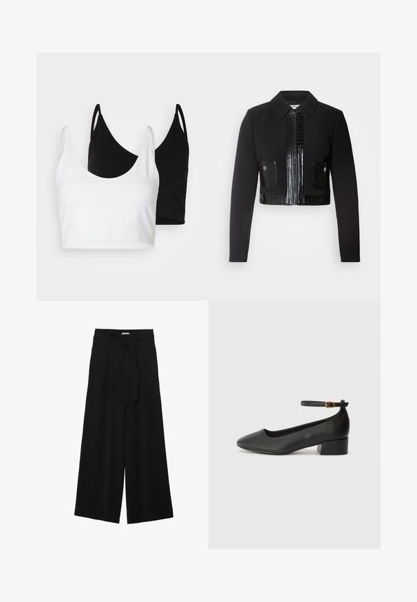 Morgan VARIN - Skraistė - noir; Du dujų medvilnės marškinėliai balti ir juodi. Kiekvienas turi giliai iškirptą iškirptę ir plonas petnešas, pasižyminčius lygiu, švelniu tekstūru.; Juoda plačių kojų kelnės, pagamintos iš tekstūruoto audinio, su elastingu juosmeniu ir atsegamu diržu juosmenyje, leidžiančiu reguliuoti dydį.; Juodas odinis aukštakulnis batelis su smailiu pirštu ir žemu bloku. Su kulkšnies dirželiu su auksinės spalvos sagtimi. Lygus paviršius.