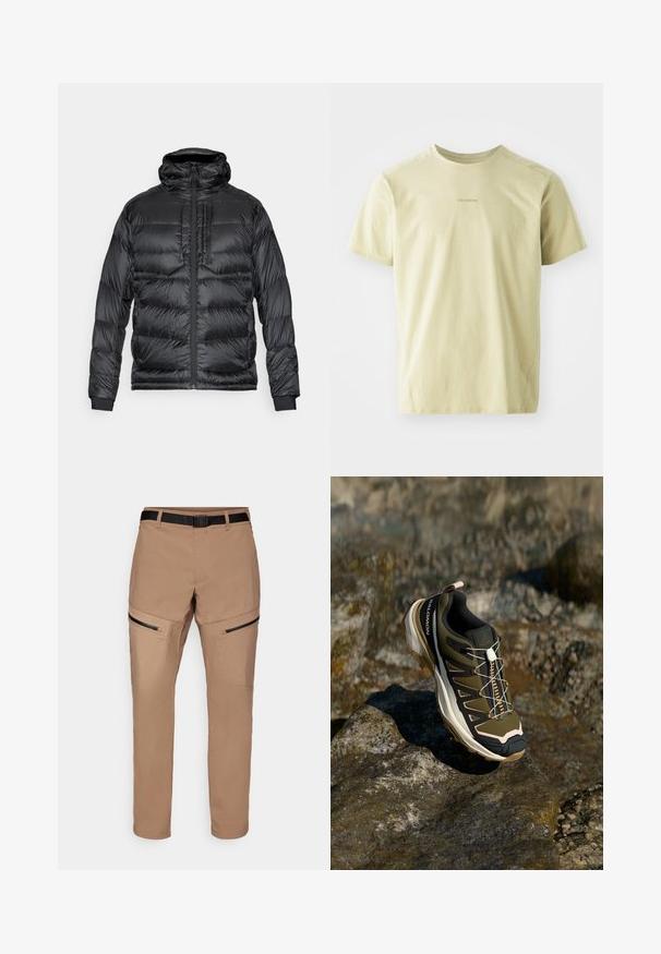 Black puffer jacket with a hood, featuring a front zipper, two chest pockets, and elastic cuffs. The material is shiny with a quilted design.; Salomon TRACKLINE TEE - Sports T-shirt - gray green; Beige hiking pants with a straight cut, featuring zippered side pockets, a durable fabric, and a black adjustable belt at the waist.; Hiking shoe in olive green and black with pink accents. Features a textured upper, flexible sole, reinforced toe cap, and colorful lacing system.