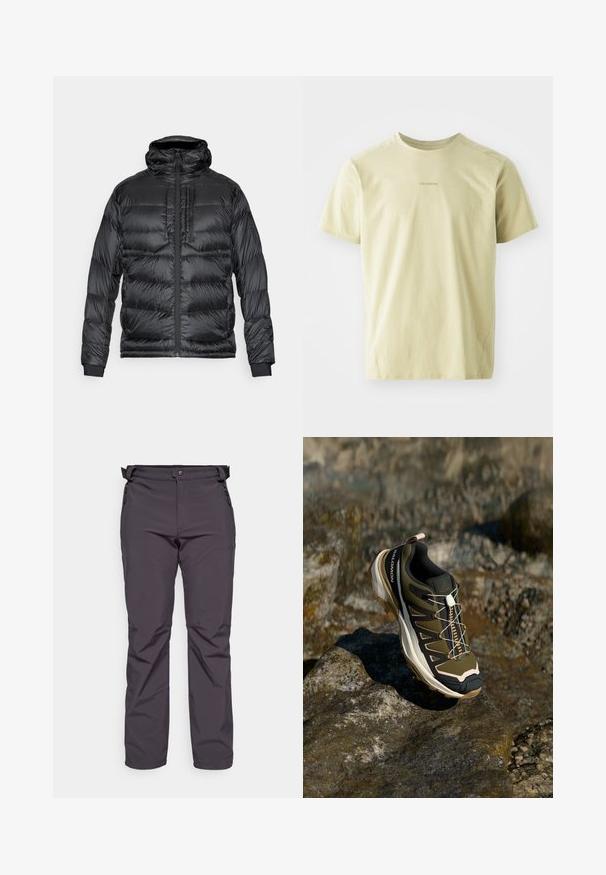 Chaqueta acolchada negra con capucha, que presenta un cierre frontal, dos bolsillos en el pecho y puños elásticos. El material es brillante con un diseño acolchado.; Salomon TRACKLINE TEE - Camiseta deportiva - gray green; CMP MAN LONG PANT - Pantalones montañeros largos - antracite; Zapato de senderismo en verde oliva y negro con toques de rosa. Cuenta con una parte superior texturizada, suela flexible, capuchón de punta reforzado y un sistema de cordones colorido.