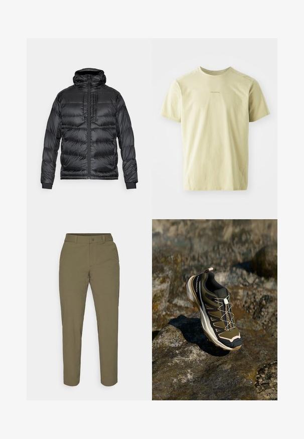 Juodas pūkinis švarkas su kapisonu, turintis priekinį užtrauktuką, du krūtinės kišenes ir elastines rankoves. Medžiaga blizgi, su siuvinėtu raštu.; Salomon TRACKLINE TEE - Sportiniai marškinėliai trumpomis rankovėmis - gray green; Olive žalios kelnės, pagamintos iš lengvo audinio, su tiesiomis kojomis, standartiniu liemeniu ir mygtuko užsegimu, be matomų raštų.; Žygio batai olivų žalios ir juodos spalvos su rožiniais akcentais. Turi tekstūruotą viršutinę dalį, lankstų pado tipą, sustiprintą pirštų dalį ir spalvingą raištelių sistemą.