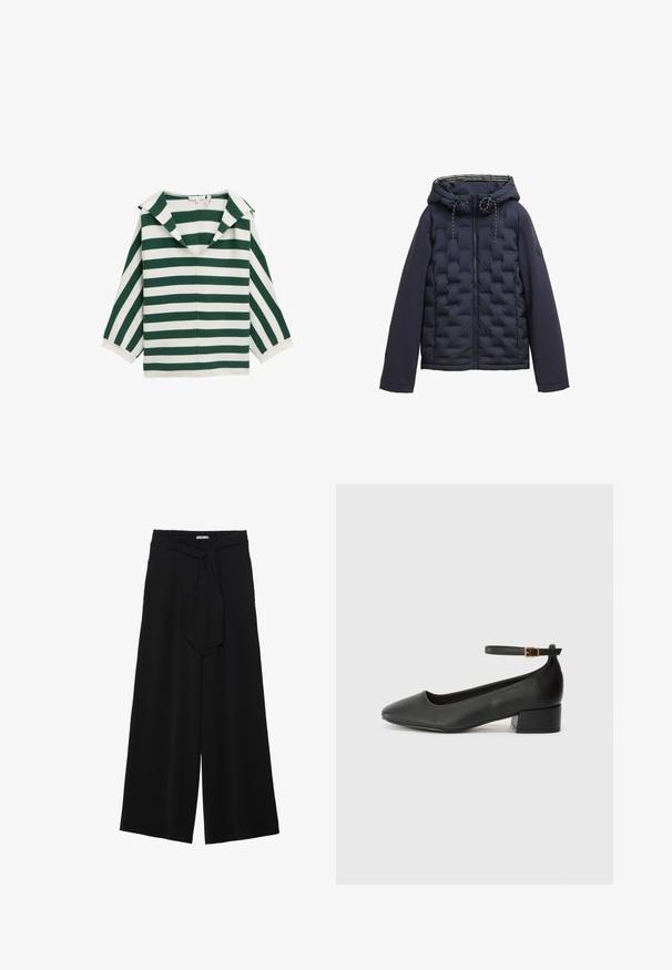 Marineblau gepolsterte Jacke mit gestepptem Vorderteil, schlichten langen Ärmeln, Kapuze mit Kordelzügen und Reißverschluss vorne.; Grün-weißer gestreifter Oberteil mit weitem Kragen, V-Ausschnitt und dreiviertellangen Ärmeln. Hergestellt aus einem leichten Stoff mit glatter Textur.; Schwarze weite Hosen aus strukturiertem Stoff, mit elastischem Bund und einem abnehmbaren Bindegürtel in der Taille für eine verstellbare Passform.; Schwarze Lederpumps mit spitzem Zehenbereich und niedrigem Blockabsatz. Mit einem Knöchelriemen und einer goldfarbenen Schnalle. Glatte Textur.