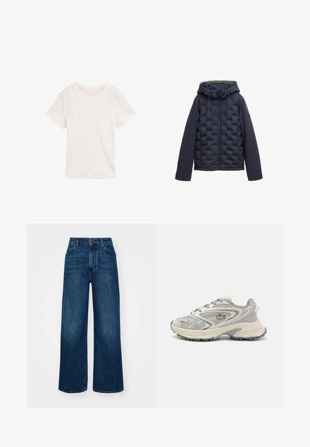 Marineblau gepolsterte Jacke mit gestepptem Vorderteil, schlichten langen Ärmeln, Kapuze mit Kordelzügen und Reißverschluss vorne.; Weißes kurzärmliges T-Shirt aus Baumwolle. Hat einen Rundhalsausschnitt und eine glatte Textur, gedacht für den lässigen Gebrauch.; Hochtaillierte, weit geschnittene Jeans in dunkelblauem Denim mit glatter Textur, Kontrastnähten und einem Fünf-Taschen-Design. Verschluss mit einem Frontknopf.; Lacoste-Laufschuhe in Hellgrau mit einem Obermaterial aus Mesh, Gummisohle und strukturierten Akzenten. Mit einem auffälligen Logo an der Seite.