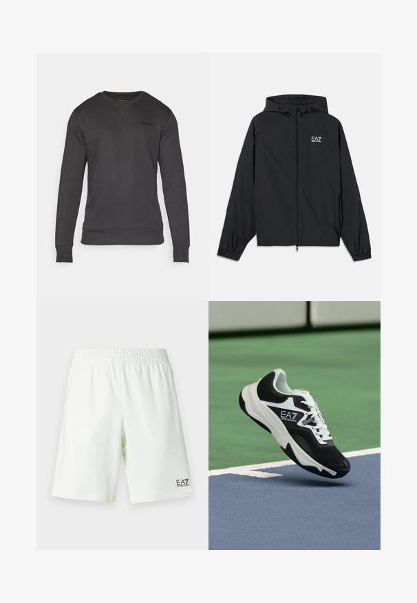 Fekete kapucnis dzseki, könnyű anyagból készült. Rugalmas mandzsettákkal, cipzáras elülső résszel és mellkason elhelyezett logóval rendelkezik.; Sötét szürke, V nyakú pulóver, hosszú ujjakkal, bordás mandzsettával és alsó résszel. A mellkasán egy kis fekete logó látható. Simább textúra.; Fehér elasztikus derekú rövidnadrág, jobb alsó lábszáron fekete EA7 Emporio Armani logóval.; Fekete-fehér EA7 Emporio Armani sportcipő, amely a kék és zöld teniszpálya vonalai fölött lebeg.