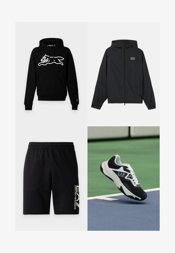 Schwarze Kapuzenjacke aus leichtem Stoff. Verfügt über elastische Bündchen, einen praktischen Reißverschluss und ein auf der Brust gedrucktes Logo.; Schwarzer Kapuzenpullover aus weichem Stoff mit einer weißen Grafik eines springenden Katers mit übertriebenen Gesichtszügen und einer Fronttasche.; EA7 Emporio Armani TRAIN VISIBILITY - Shorts - black/cream; Schwarz-weißer EA7 Emporio Armani Sneaker über blauen und grünen Tennisplatzlinien schwebend.