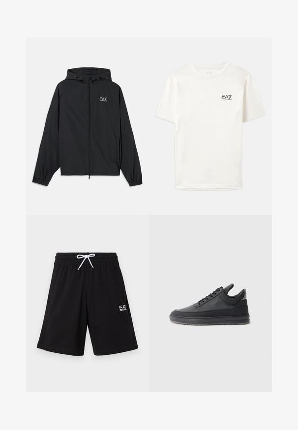 Casaco preto com capuz feito de tecido leve. Apresenta punhos elásticos, frente com fecho éclair e um logotipo impresso no peito.; T-shirt de algodão branco com mangas curtas, decote redondo, e um pequeno logo preto EA7 no lado esquerdo do peito. Textura suave, ajuste padrão.; Calções atléticos pretos feitos de um tecido elástico, com uma cinta elástica e um cordão branco, além de um pequeno logótipo na perna.; Sapatilhas de couro preto com uma superfície texturizada, design de atacadores, cano baixo, e uma sola de borracha cinza com uma borda estriada.
