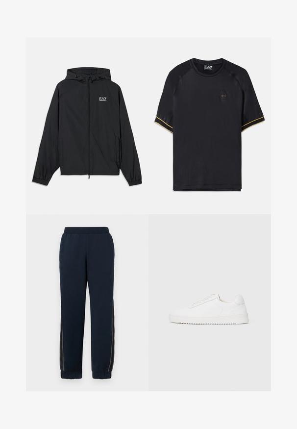 Melnā kapuce jaka, kas izgatavota no viegla auduma. Satur elastīgus piedurkņu galus, ar rāvējslēdzēju aizdari un uz krūtīm ir uzdrukāta logo.; Melnā sporta T-kreklā ar īsām raglan piedurknēm, ar teksturētu audumu, zelta akcentu svītrām un nelielu EA7 logo priekšpusē.; Jūras spēku krāsas treniņbikses ar maigu tekstūru, sašaurinātām piedurknēm un sietiņa sānu paneliem. Elastīga josta komfortam un ikdienas pieguvei.; Baltas sporta apavi ar gludu ādas virsu, noapaļotu purngalu, auklām, teksturētām sānu akcentiem un biezu gumijas zoli. Minimālists dizains.