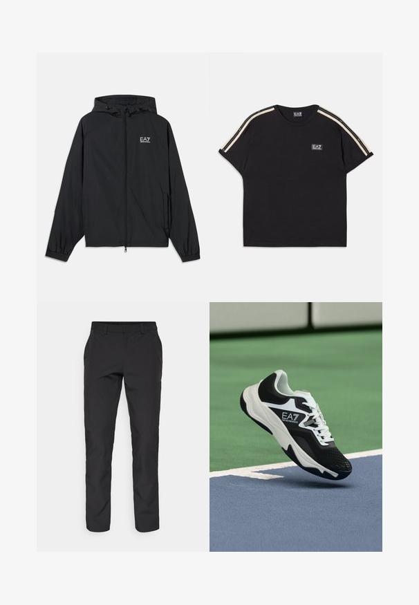 Črna kapucar jakna iz lahkega materiala. Ima elastične manšete, zadrgo spredaj in natisnjen logo na prsih.; Črna bombažna majica s kratkimi rokavi. Ima kontrastne peščene črte na ramenih in majhen blagovni znak na prsih.; Črne hlače ravnega kroja, izdelane iz gladkega materiala. Imajo poševne sprednje žepe in standardni pas.; Črno-beli čevelj EA7 Emporio Armani, ki visi nad modrimi in zelenimi linijami teniškega igrišča.