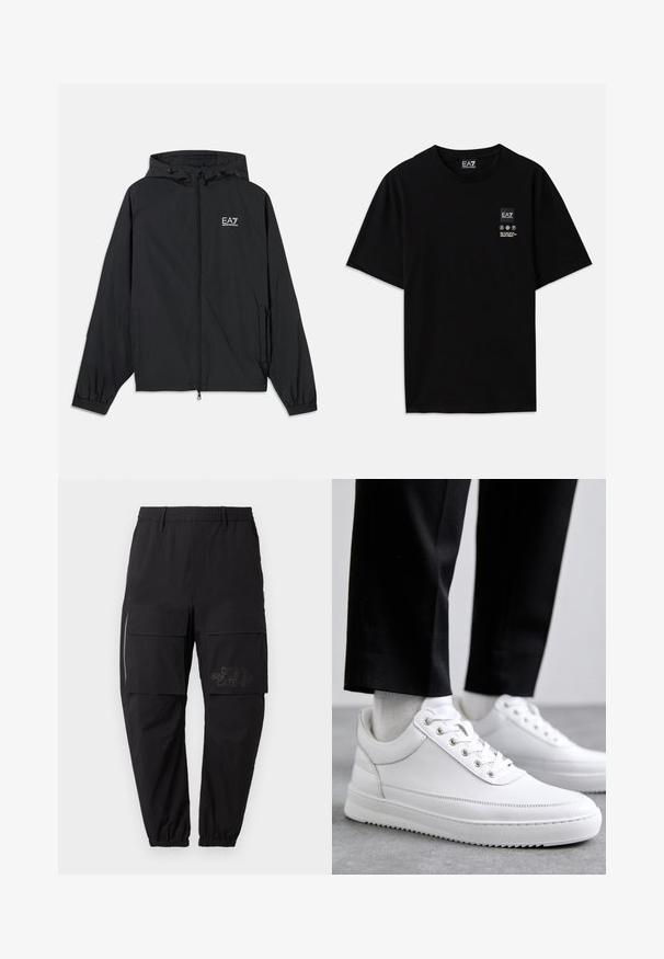 Casaco preto com capuz feito de tecido leve. Apresenta punhos elásticos, frente com fecho éclair e um logotipo impresso no peito.; T-shirt de algodão preto com mangas curtas, decote redondo e uma pequena etiqueta com logótipo na parte da frente, apresentando símbolos de cuidado em branco.; Calças cargo pretas com um cós elástico, apresentando múltiplos bolsos laterais, um detalhe em zíper e um logotipo impresso discreto na coxa.; Sneakers brancos de couro com uma sola de borracha plana, apresentando um acabamento suave, bico redondo e ilhós de metal para os atacadores. Usados com calças pretas.