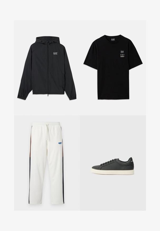 Svart huva jacka gjord av lättviktsmaterial. Har elastiska manschetter, en dragkedja framtill och en logotyp tryckt på bröstet.; Svart bomullströja med korta ärmar, rund halsringning och en liten logotags på framsidan med vårdsymboler i vitt.; Vita mjukisbyxor med dragsko i midjan, med bruna och marinblå sidor. Mjukt tyg med en blå logotyp på vänster lår.; Svart lädersneaker med låg profil, rund tå och snörning; har en texturerad gummisula och logotypdetalj på hälen.
