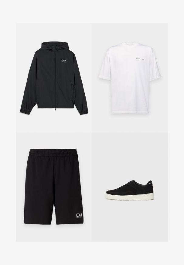 Melnā kapuce jaka, kas izgatavota no viegla auduma. Satur elastīgus piedurkņu galus, ar rāvējslēdzēju aizdari un uz krūtīm ir uzdrukāta logo.; Baltas īsām piedurknēm T-kreklis no kokvilnas ar V veida kakla izgriezumu, uz kura kreisajā pusē ir melns "FILLING PIECES" logo.; Melnas sporta bikses, kas izgatavotas no mīkstas auduma, ar elastīgu jostu un mazu baltu logotipu labajā apakšējā stūrī.; Melnas zamšas kedas ar auklām un kontrastējošu baltu gumijas zoli. Iekļauj teksturētas sānu panēles un diskretu zīmolu uz papēža.