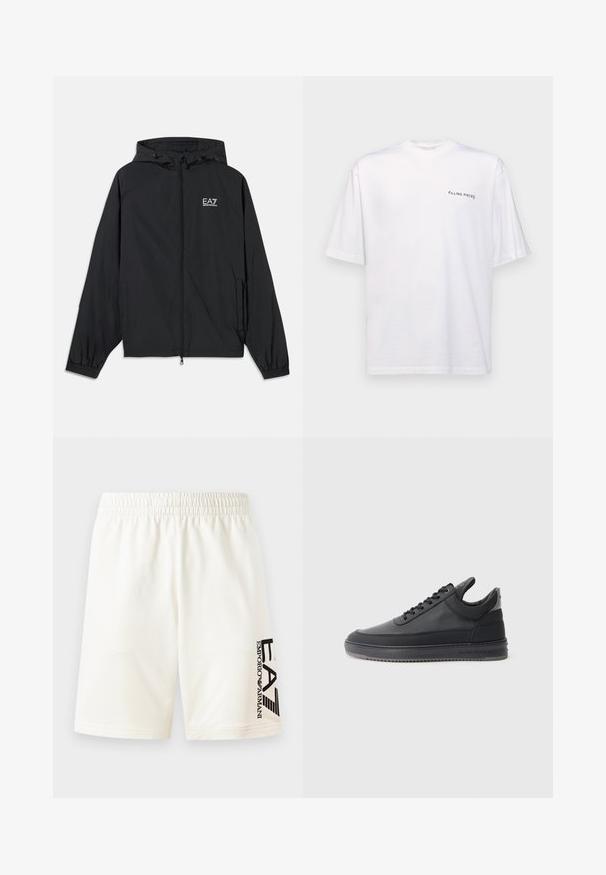 Svart hettejakke laget av lett materiale. Har elastiske mansjetter, glidelås foran, og et logo trykt på brystet.; Hvit kortermet t-skjorte i bomull med v-hals, med en svart "FILLING PIECES" logo trykt på venstre side.; Hvite bomullsshorts med elastisk liv, med en svart logo trykt på venstre side. Rett snitt uten synlige mønstre.; svarte lær sneakers med en teksturert overflate, snøring, lav topp, og en grå gummi såle med en ribbet kant.