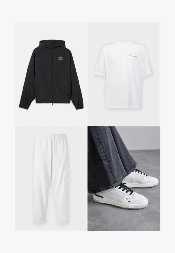 Svart hettejakke laget av lett materiale. Har elastiske mansjetter, glidelås foran, og et logo trykt på brystet.; Hvit kortermet t-skjorte i bomull med v-hals, med en svart "FILLING PIECES" logo trykt på venstre side.; Hvite tapered joggebukser med elastisk liv og avsluttede ankler. Har et teksturert logodetalj på venstre lår. Mykt materiale.; Hvite sneakers med svarte lisser og mesh-detaljer. Har en glatt læroverdel og en teksturert gummisåle. Kombinert med vide gråjeans.