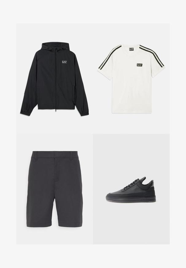 Must musta kapuutsiga jakk, mis on valmistatud kergetest materjalidest. Omab elastseid varrukaid, lukuga esist ning rinna peal on logo.; Valge puuvillane T-särk, millel on ümmargune kaelus, lühikesed varrukad, mustad rõhujooned õlgadel ja väike EA7 logo rinnal.; Tumehallid lühikesed püksid, valmistatud siledast kangast, tasasel esisel, kahe külgtaskuga ja lõhiku kõrgus ulatub just üle põlve.; Mustad nahkkingad tekstuurse pinnaga, kinnitatavad paeltega, madala varbaga ning hall kummitald, millel on sooneline äär.