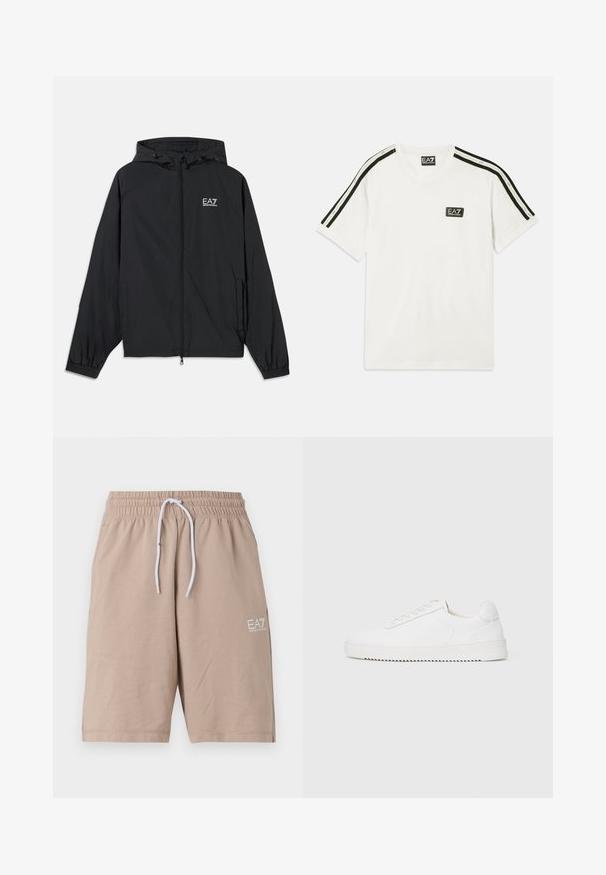 Casaco preto com capuz feito de tecido leve. Apresenta punhos elásticos, frente com fecho éclair e um logotipo impresso no peito.; T-shirt de algodão branca com decote redondo, mangas curtas, riscas pretas de destaque nos ombros e um pequeno logótipo EA7 no peito.; Calções beige feitos de um tecido suave, com um cós elástico, cordão branco e um pequeno logo EA7 branco de lado.; Sapatilha branca com um cabedal de couro suave, bico arredondado, atacadores, detalhes texturizados nas laterais e uma sola de borracha grossa. Design minimalista.