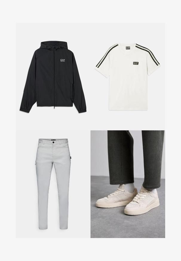 Crna kapuljača napravljena od lagane tkanine. Ima elastične manžete, zatvarač sprijeda i logo otisnut na prsima.; Bijela pamučna majica s okruglim izrezom, kratkim rukavima, crnim detaljima na ramenima i malim EA7 logotipom na prsima.; Svijetlosive, uske hlače s glatkom teksturom, koje imaju prednje dugme i diskretne bočne džepove za funkcionalnost.; Bež tenisice od antilopa i mrežastog materijala, s perforiranim detaljima, ravnim vezicama i debelim potplatima. Udobno kombinirane s hlačama od kordura u zelenoj boji.