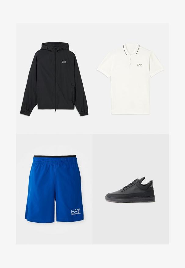 Črna kapucar jakna iz lahkega materiala. Ima elastične manšete, zadrgo spredaj in natisnjen logo na prsih.; Bela polo majica s kratkimi rokavi, ovratnikom na dva gumba, črnimi črtami in majhnim črnim logotipom EA7 na prsih. Iz bombažnega materiala.; Modre športne kratke hlače z elastičnim pasom, z belim logotipom na levi strani. Narejene so iz lahkotnega materiala, z gladko teksturo.; Črne usnjene superge z teksturirano površino, s sistemom vezanja, nizkim zgornjim delom in sivo gumijasto podplato, ki ima rebrast rob.