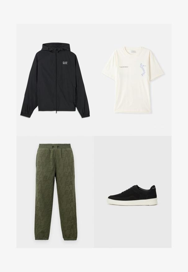 Svart hettejakke laget av lett materiale. Har elastiske mansjetter, glidelås foran, og et logo trykt på brystet.; Hvit bomull t-skjorte med korte ermer, med teksten "United By Rhythm" i svart og blå grafikk på brystet. Rund halsdesign.; Olivengrønne fleece joggebukser med elastisk liv og mansjetter, med diskret tonal EA7-logo mønster over hele.; Svart semsket sneakers med snøring og kontrasterende hvit gummisåle. Har teksturerte sidepaneler og subtil merkevare på hælen.