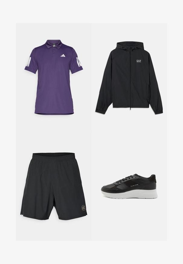 Sort hættetrøje lavet af letvægtsstof. Har elastiske manchetter, lynlåslukning foran og et logo trykt på brystet.; Lilla polo skjorte lavet af glat stof, med en krave med tre knapper, hvid Adidas-logo på brystet og tre lodrette striber på ærmerne.; Sorte sports-shorts lavet af letvægtsstof, med en elastisk talje og et guld cirkulært logo nederst til højre.; Sort læder sneaker med ruskindsdetaljer, rund tå, hvid gummisål og syet udsmykning. Logo trykt på siden. Klassisk snørebåndsdesign.