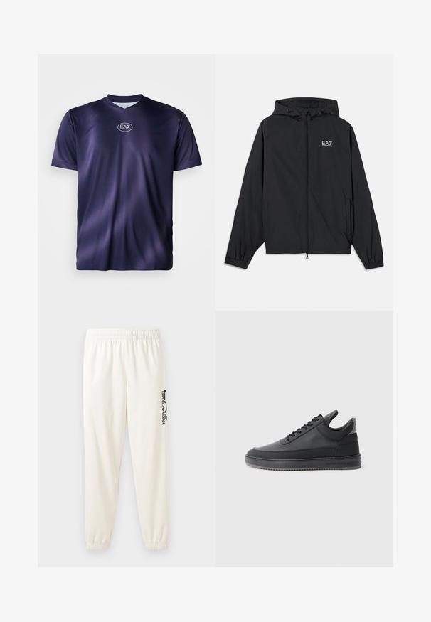 Svart hettejakke laget av lett materiale. Har elastiske mansjetter, glidelås foran, og et logo trykt på brystet.; Marineblå T-skjorte med korte ermer i glatt stoff, med rund hals og EA7-logo på brystet. Enkel, lett design med subtil glans.; Lys beige joggebukser med elastisk midjebånd og elastiske mansjetter. Har en svart trykt logo på venstre ben. Myk stoffkvalitet.;  svarte lær sneakers med en teksturert overflate, snøring, lav topp, og en grå gummi såle med en ribbet kant.