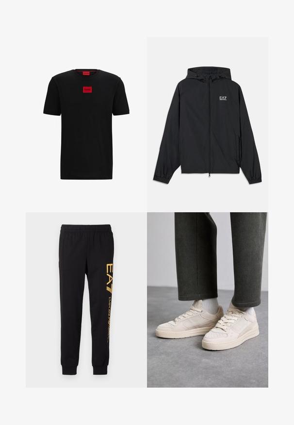 Black hooded jacket made of lightweight fabric. Features elastic cuffs, a zippered front, and a logo printed on the chest.; Black cotton t-shirt featuring a crew neck, short sleeves, and a red rectangular logo patch centered on the chest. Smooth texture.; Black sweatpants made of soft fabric, featuring an elastic waistband and cuffed ankles. Yellow branding printed vertically on the left leg.; Beige sneakers made of suede and mesh, featuring perforated accents, flat laces, and a thick sole. Worn with green corduroy pants.