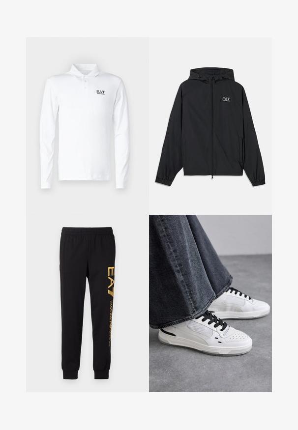 Czarna kurtka z kapturem wykonana z lekkiego materiału. Posiada elastyczne mankiety, zapinane z przodu na zamek oraz logo nadrukowane na piersi.; Biała, długiego rękawa koszulka polo z bawełny, z klasycznym kołnierzykiem, trzema guzikami i czarnym logo EA7 na klatce piersiowej.; Czarne dresy wykonane z miękkiego materiału, z elastycznym paskiem w talii i ściągaczami przy kostkach. Żółte logo umieszczone pionowo na lewej nodze.; Białe sneakersy z czarnymi sznurówkami i siateczkowymi detalami. Posiadają gładką skórzaną cholewkę oraz teksturowaną gumową podeszwę. Zestawione z szerokimi szarymi dżinsami.