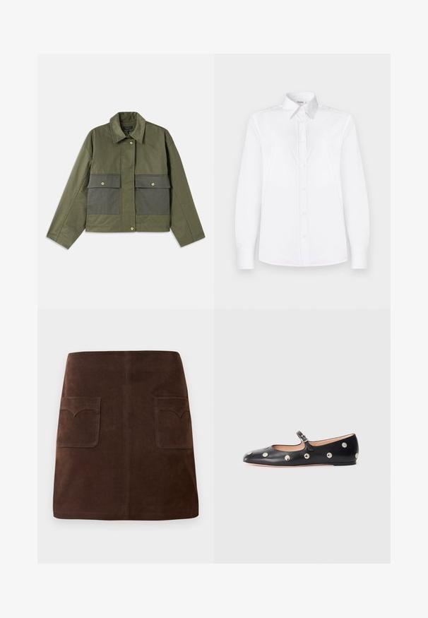 Giacca verde oliva in cotone con colletto, chiusura a bottoni e due grandi tasche frontali con patta.; Camicia bianca a maniche lunghe realizzata in tessuto morbido, con colletto e apertura con bottoni di un delicato rosa.; Gonna in suede marrone con una classica forma a campana, due tasche frontali con alette arrotondate e dettagli di cucitura sottili.; Scarpa flat nera in pelle tipo Mary Jane con punta arrotondata, caratterizzata da borchie circolari argentate e una fascia regolabile con fibbia.