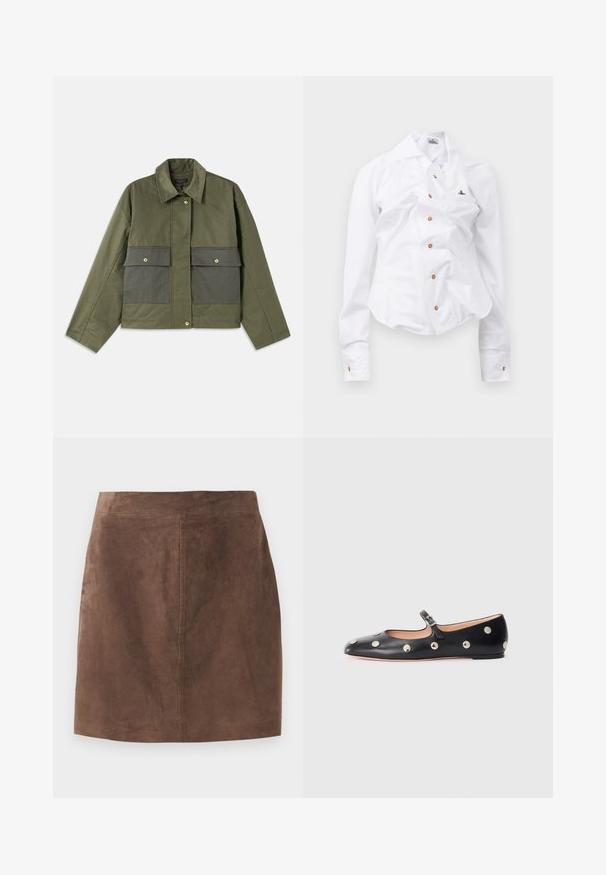 Oljčno zelena jakna iz bombaža s kakršnimkoli ovratnikom, sprednjim gumbom in dvema velikima sprednjima žepoma z zaponkami.; Bela srajca z dolgimi rokavi in prirezano obliko. Ima velik ovratnik, sprednje zapiranje na gumbe v rjavi barvi in majhen izvezen logotip.; Rjava semiš krila z gladko teksturo, A-linijsko obliko in preprostim pasom. Šivi se vodoravno razvijajo navzdol po hrbtu.; Črne usnjene Mary Jane balerinke z zaobljenim noskom, opremljene z zlatimi krožnimi mošnjo in nastavljivim trakom z zaponko.