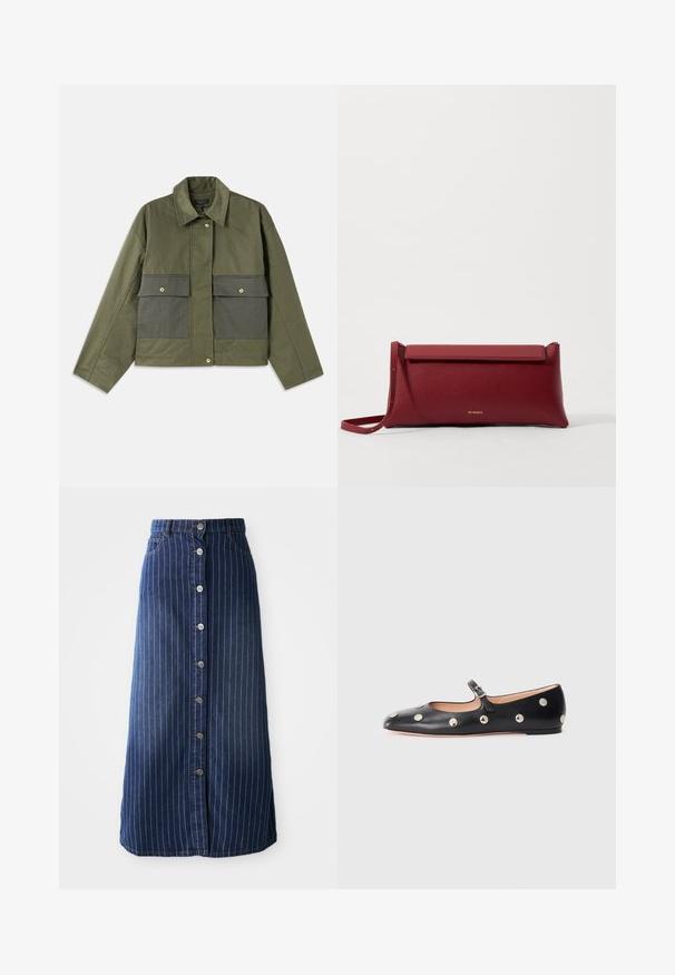 Olivovo zelená bunda vyrobená z bavlny, s golierom, zapínaním na gombíky a dvoma veľkými prednými vreckami s chlopňovými uzávermi.; Námornícka dlhá rukávová košeľa s ružovými horizontálnymi pruhmi, volánovým golierom a prednou légou na tri gombíky; vyrobená z mäkkého, elastického materiálu.; Tmavomodrá dlhá sukňa z denimu s vertikálnymi bielymi pruhmi, predné zapínanie na gombíky a mierne rozšírený lem. Obsahuje päť gombíkov a kontrastné švy.; Čierne kožené baleríny typu Mary Jane s okrúhlou špičkou, so striebornými kruhovými cvokmi a nastaviteľným remienkom so sponou.; Červená kožená klúčenka s textúrovaným povrchom, má plochý preklápací vrch a krátky popruh. Na prednej strane je jemné logo značky.