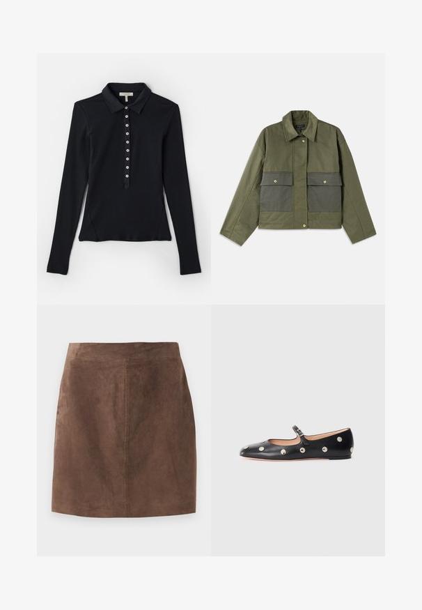 Giacca verde oliva in cotone con colletto, chiusura a bottoni e due grandi tasche frontali con patta.; Polo a maniche lunghe nero con texture a coste, chiusura frontale con bottoni e design slim fit. Presenta un colletto classico e fessure laterali.; Gonna in suede marrone con una superficie liscia, forma a trapezio e vita semplice. Le cuciture decorative si estendono verticalmente sul retro.; Scarpa flat nera in pelle tipo Mary Jane con punta arrotondata, caratterizzata da borchie circolari argentate e una fascia regolabile con fibbia.