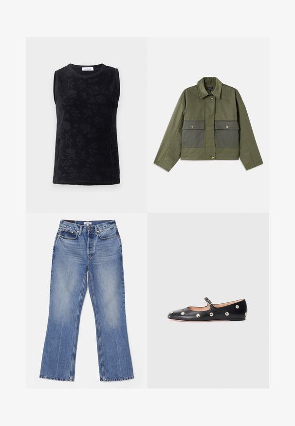 Olivza zaļā jaka, kas izgatavota no kokvilnas, ar apkakli, pogu aizdari un divām lielām frontālām kabatām ar atloka aizdari.; Melna bez piedurknēm topiņš ar ziedu rakstu, izgatavots no mīksta auduma, ar apaļu kakla izgriezumu un maigi toņos atšķirīgu dizainu.; RE/DONE LOOSE - Bootcut piegriezuma džinsi - hacienda; Melna ādas Mary Jane līdzena zābaku ar noapaļotu purngalu, kurā ir sudraba apaļie kniedes un regulējama siksniņa ar sprādzi.