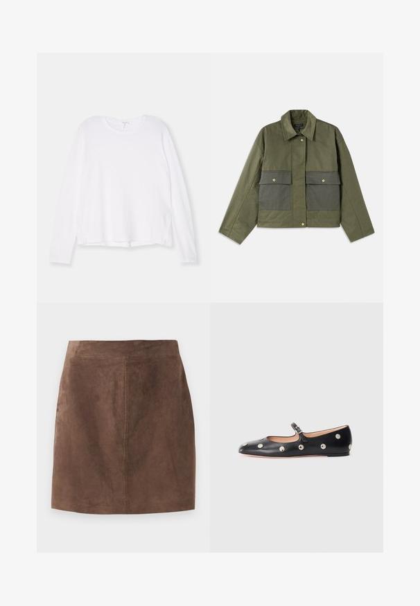 Giacca verde oliva in cotone con colletto, chiusura a bottoni e due grandi tasche frontali con patta.; Camicia bianca a maniche lunghe realizzata in tessuto morbido, con scollatura tonda, vestibilità comoda e spacchi laterali all'orlo per facilitare i movimenti.; Gonna in suede marrone con una superficie liscia, forma a trapezio e vita semplice. Le cuciture decorative si estendono verticalmente sul retro.; Scarpa flat nera in pelle tipo Mary Jane con punta arrotondata, caratterizzata da borchie circolari argentate e una fascia regolabile con fibbia.