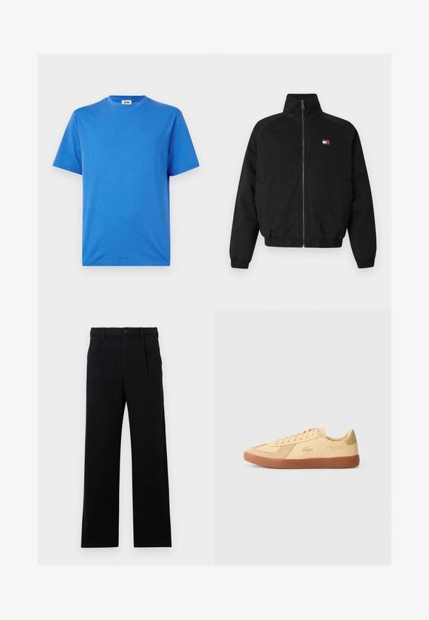Casaco bomber preto com colarinho alto, fecho frontal, punhos e bainha elásticos, apresentando um pequeno logótipo em vermelho, branco e azul no peito.; T-shirt azul de algodão com gola redonda e mangas curtas, apresentando uma textura suave e um ajuste descontraído, com uma etiqueta na gola.; Calças pretas ajustadas feitas de algodão; possuem frente plana, costuras visíveis e um corte reto. Fecho com botão na cintura.; Ténis Lacoste em couro amarelo claro, com sola de borracha natural, design com atacadores e logótipo icónico. Acentos de camurça no bico e no calcanhar.