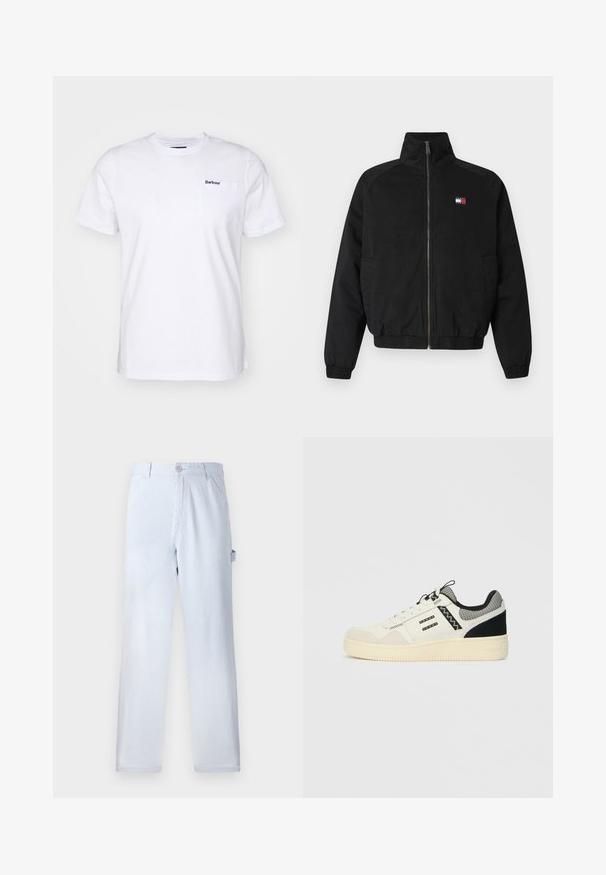 Black bomber jacket with high collar, front zipper, elasticized cuffs and hem, featuring a small logo in red, white, and blue on the chest.; White cotton t-shirt featuring a round neck, short sleeves, and a left chest pocket with "Barbour" logo in navy. Smooth texture.; Light blue striped trousers made of cotton. Straight-leg design, featuring a front button closure and side pockets. Soft texture.; White sneaker with a textured suede and leather upper, black accents, mesh collar, lace-up design, and a thick rubber sole.