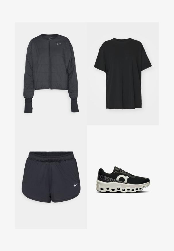 Sort cropped pufferjakke med høj krave, frontlynlås og lange ærmer. Har quiltet tekstur og et lille hvidt logo på brystet.; Sort kortærmet t-shirt lavet af glat stof, med rund hals og løs pasform. Har sideskår for ekstra komfort og åndbarhed.; Sorte atletikshorts med elastisk talje, med et sporty design og en hvid Nike-logo på den nederste front. Tekstureret stof.; Sort løbesko med en struktureret mesh-overdel, fremtrædende hvidt logo og en unik hvid og sort formstøbt sål med hexagonale udskæringer.