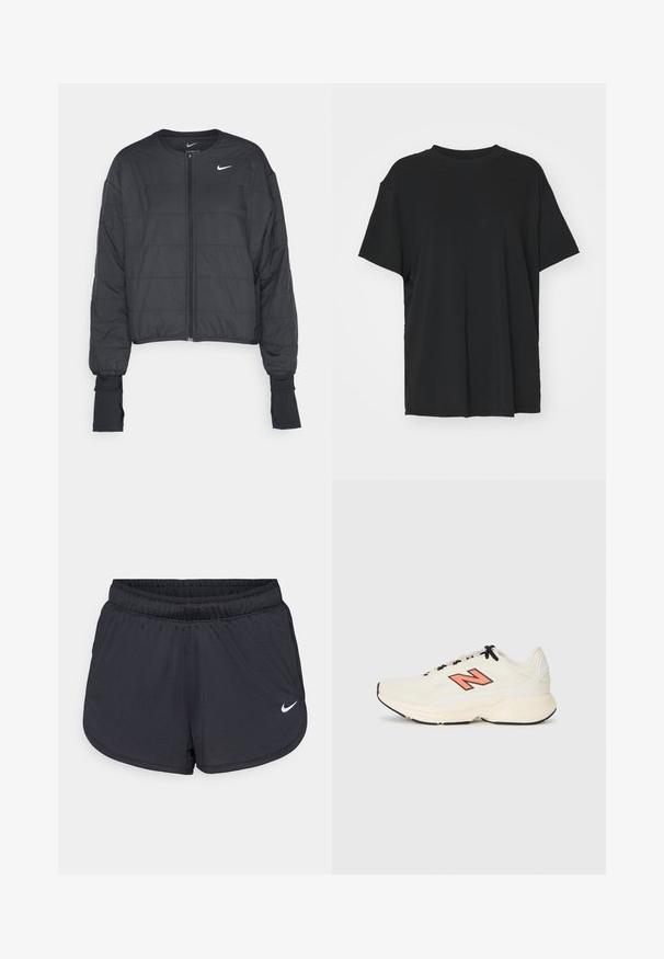 Casaco corto de puffer preto com colarinho alto, fecho de correr frontal e mangas longas. Apresenta textura acolchoada e um pequeno logotipo branco no peito.; T-shirt preto de manga curta feito de tecido suave, com decote redondo e corte solto. Apresenta aberturas laterais para maior conforto e respirabilidade.; Calções atléticos pretos com cintura elástica, apresentando um design desportivo e um logótipo Nike branco na parte inferior da frente. Tecido texturizado.; Sapatilha atlética de cor creme com atacadores pretos, sola grossa e logótipo "N" laranja na lateral, mostrada em perfil esquerdo sobre fundo branco.
