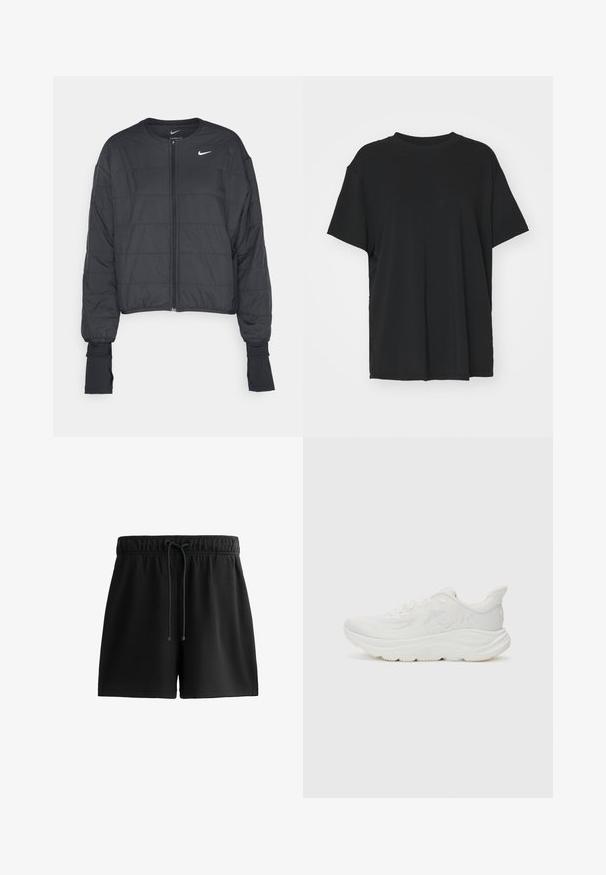 Zwart cropped pufferjack met een hoge kraag, ritssluiting aan de voorkant en lange mouwen. Kenmerkt zich door de gequilte textuur en een klein wit logo op de borst.; Zwarte korte mouwen t-shirt van soepel stof, met een ronde hals en een losse pasvorm. Heeft zij-splitten voor extra comfort en ademend vermogen.; Zwarte shorts van zacht materiaal, met een elastische tailleband en een trekkoord, zijzakken en een eenvoudig, gestroomlijnd ontwerp.; Witte hardloopschoen met een kunststof mesh bovenwerk, gevoerde kraag, dikke middenzool en rubberen buitenzool. Heeft een logodetail aan de zijkant.