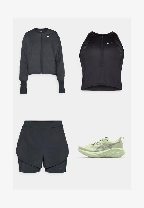 Mustat lyhyet puffatakki korkealla kauluksella, vetoketjulla edessä ja pitkillä hihoilla. Varustettu tikatulla pinnalla ja pienellä valkoisella logolla rinnassa.; Musta urheilullinen crop-top, jossa on vetoketjukiinnitys, verkkokankaiset yksityiskohdat ja istuva malli. Valmistettu joustavasta ja hengittävästä kankaasta. Nike-logo edessä.; Mustat urheilushortsit kerroksellisella designilla, joissa on sileä ulkopinta ja tiukasti istuvat sisäshortsit. Valmistettu kevyestä, joustavasta kankaasta.; Vihreä urheilukengät, joissa on verkkokangas yläosa, teksturoituja yksityiskohtia ja paksu, kulmikas pohja parempaan pehmustukseen ja tukeen.